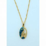 Brazilian Necklace, Gold Plated, Madonna w/ Blue Crystals, 20 in. Chain