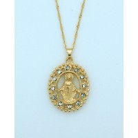 Brazilian Necklace, Gold Plated, Miraculous Medal w/ Crystals, 20 in. Chain
