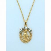Brazilian Necklace, Gold Plated, Cut-Out Miraculous Medal w/ Crystals, 20 in. Chain