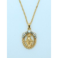 Brazilian Necklace, Gold Plated, Cut-Out Miraculous Medal w/ Crystals, 20 in. Chain