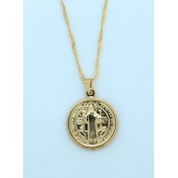 Brazilian Necklace, Gold Plated, Medium St. Benedict Medal, 20 in. Chain