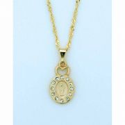 Brazilian Necklace, Gold Plated, Miraculous Medal w/ Heart & Crystals, 20 in. Chain