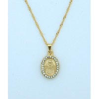Brazilian Necklace, Gold Plated, Miraculous Medal w/ Crystals, 20 in. Chain