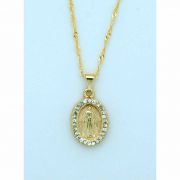 Brazilian Necklace, Gold Plated, Miraculous Medal w/ Crystals, 20 in. Chain