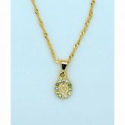 Brazilian Necklace, Gold Plated, Small Miraculous Medal w/ Crystals, 20 in. Chain