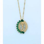 Brazilian Necklace, Miraculous Medal w/ Emerald Crystals, 20 in. Chain, Gold