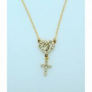 Brazilian Necklace, Gold Plated, Heart, Madonna, Cross w/ Crystals, 20 in. Chain
