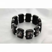 Brazilian Wood Saints Bracelet, Black, Silver Beads, Black & White Pictures - (Pack of 2)