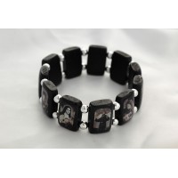 Brazilian Wood Saints Bracelet, Black, Silver Beads, Black & White Pictures - (Pack of 2)