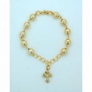 Brazilian Gold Plated Rosary Bracelet, 8 mm. Beads, Cross w/ Crystals