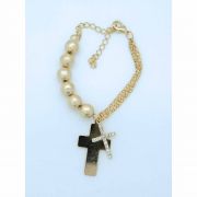 Brazilian Bracelet, Gold 8 mm. Beads w/ Two Crosses