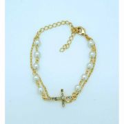 Brazilian Bracelet, Gold, Two Strands, 6 mm. Pearls w/ Crystal Cross