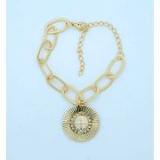Brazilian Gold Plated Bracelet, Large Link, Fluted St. Benedict Medal w/ Crystals