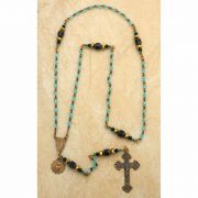 Antiqued Bronze Rosary, Aqua Glass Beads, Sacred Heart of Jesus Center