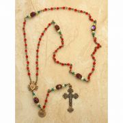 Antiqued Bronze Rosary, Red Glass Beads, Sacred Heart/Seven Swords Center