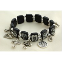 Brazilian Wood Bracelet, Black Wood, Black & White Pictures, w/ Medals