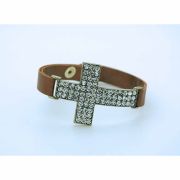 Large Crystal Cross Bracelet on Gold, Faux Leather Band