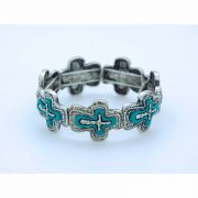 Metallic Cross Bracelet on Elastic, Silver & Turquoise