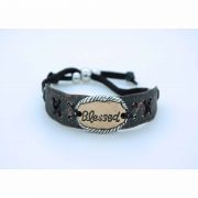 Metal Bracelet, "Blessed", Leather Ties