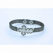 Faux Leather Bracelet, Silver Cross, Crystals