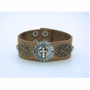 Crystal Cross and Filigree Bracelet, Gold Faux Leather Band