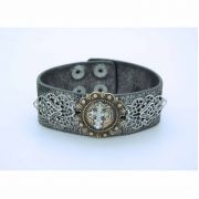 Crystal Cross and Filigree Bracelet, Silver Faux Leather Band