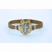 Faux Narrow Leather Bracelet, Round Gold Medal w/ Crystal Cross