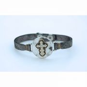 Faux Narrow Leather Bracelet, Round Silver Medal w/ Crystal Cross
