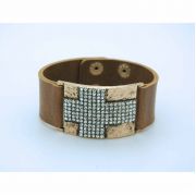 Faux Wide Leather Bracelet, Brown, Crystal Cross