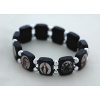 Brazilian Wood Saints Bracelet, Black, Silver Beads, Black & White Pictures - (Pack of 2)