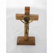 Brazilian Wood Wall Crucifix w/ Removable Stand, Gold Corpus w/ St. Benedict Medal