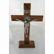 Brazilian Wood Wall Crucifix w/ Removable Stand, Silver Corpus w/ St. Benedict Medal