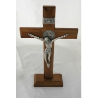 Brazilian Wood Wall Crucifix w/ Removable Stand, Silver Corpus w/ St. Benedict Medal - (Pack of 2)