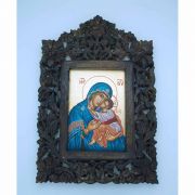 Greek Icon, Hand Painted Serigraph in Carved Wood, Blue Madonna, 8 1/2 x 12 1/2 in.