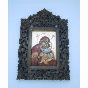 Greek Icon, Hand Painted Serigraph in Carved Wood, Red Madonna, 8 1/2 x 12 1/2 in.
