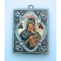 Polish Hand Painted Serigraph w/ Silver Overlay, Perpetual Help, 6 1/2 x 8 in.