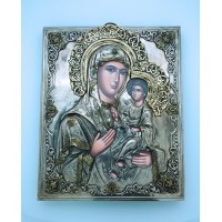 Polish Hand Painted Serigraph w/ Silver Overlay, Perpetual Help, 9 1/2 x 12 in.