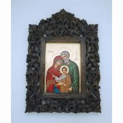 Greek Icon, Hand Painted Serigraph in Carved Wood, Holy Family, 8 1/2 x 12 1/2 in.