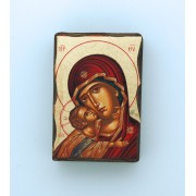 Greek Hand Painted Serigraph Table Icon, Red Madonna, 2 1/2 x 1 1/2 in.