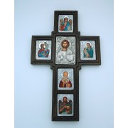 Greek Icon, Hand Painted Serigraph Cross, Sterling Silver Plated, 17 in.