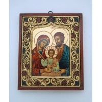 Greek Hand Painted Serigraph, Flowered Frame, Holy Family, 12x14 in.