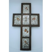 Greek Icon, Hand Painted Serigraph Cross, Sterling Silver Plated, 14 in.