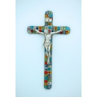Italian Genuine Murano Glass Crucifix, Multi-Colored Flowers, 6 in.