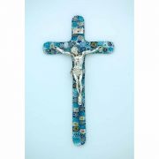 Italian Genuine Murano Glass Crucifix, Blue Flowers, 6 in.