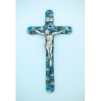 Italian Genuine Murano Glass Crucifix, Blue Flowers, 6 in.
