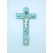 Italian Genuine Murano Glass Crucifix w/ Daisies, Blue, 4 3/4 in.