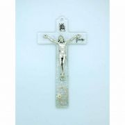Italian Genuine Murano Glass Crucifix w/ Daisies, White, 4 3/4 in.