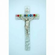 Italian Genuine Murano Glass Crucifix, Clear w/ Flowers, 6 in.