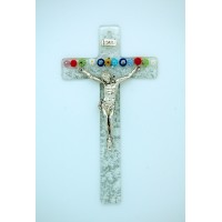 Italian Genuine Murano Glass Crucifix, Clear w/ Flowers, 6 in.