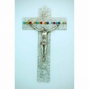 Italian Genuine Murano Glass Crucifix, Clear w/ Flowers, 9 in.